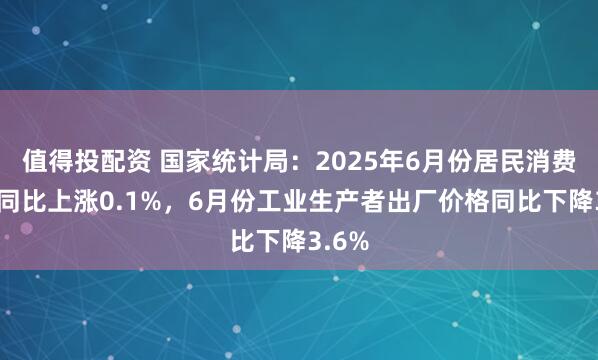 值得投配资 国家统计局：2025年6月份居民消费价格同比上涨0.1%，6月份工业生产者出厂价格同比下降3.6%